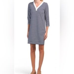 Draper James V-Neck Puff Sleeve Dress in Nassau Navy Mariner Stripe, Size Large